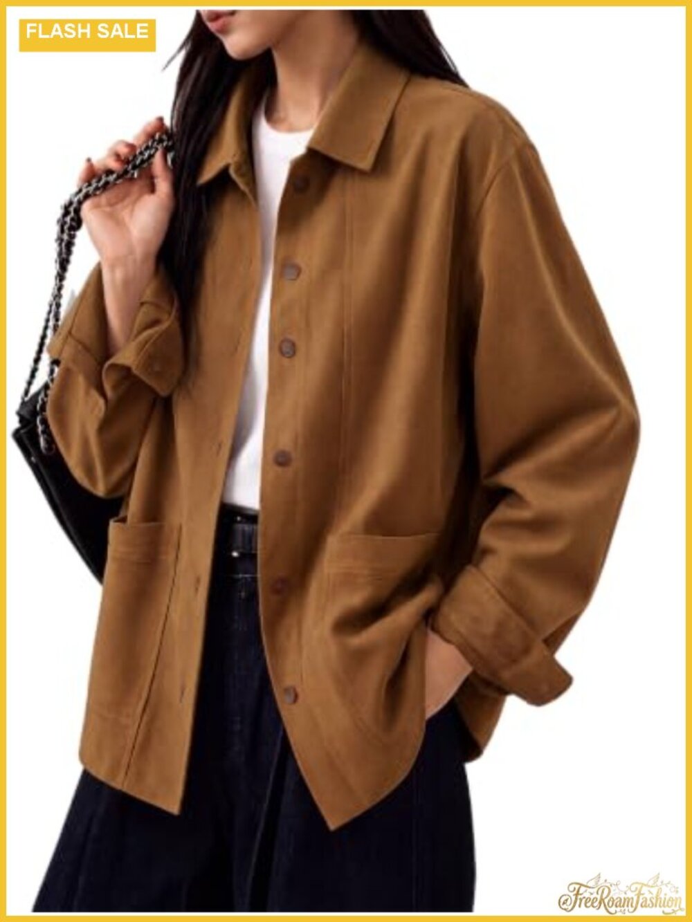Faux Suede Jacket for Women, Button Front Lapel Collar, Long Sleeve Shirt